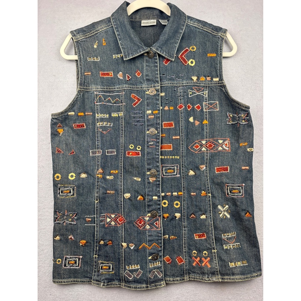 Chico's Denim Vest Womens 2 Large Embroidered Beaded Button Front Western - Picture 1 of 12